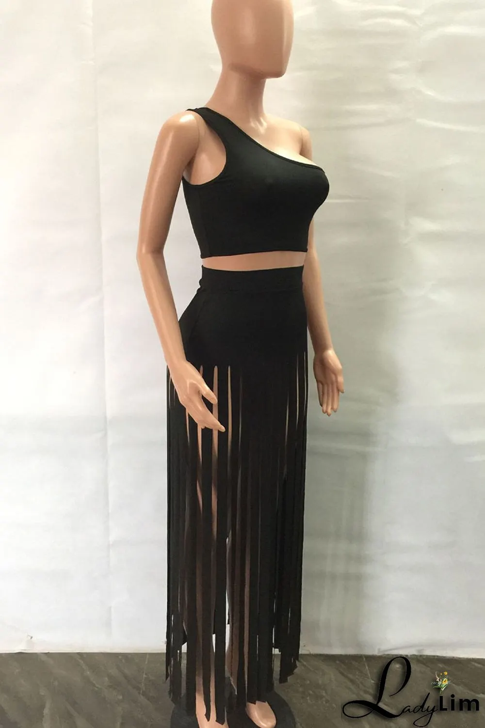 Black Sexy Solid Tassel Patchwork Oblique Collar Two Pieces