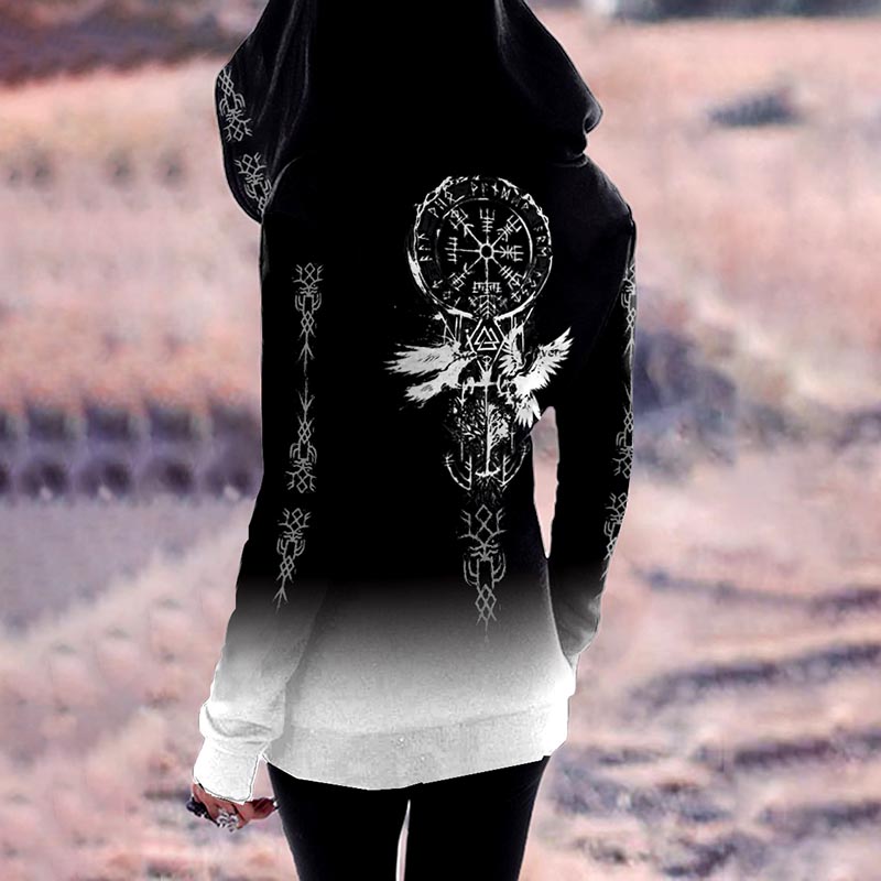 Tribal Gradient Viking Bird Graphics Zip Gothic Hoodie