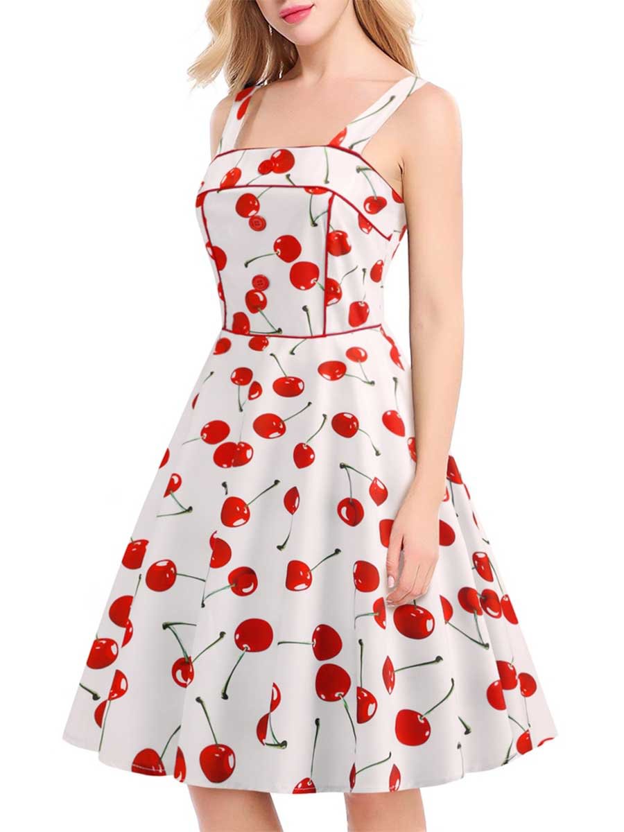 Vintage Women's Summer Strap Square Collar Cherry Print Dress