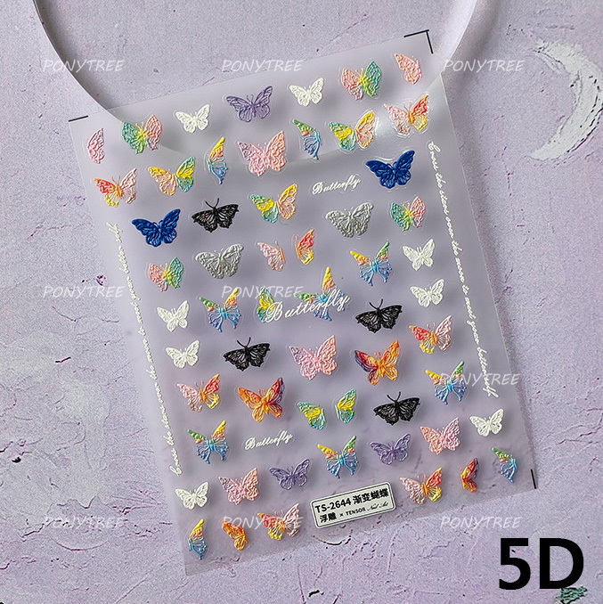 Bayuyun Dreamy Summer Nails – Blue Pink Purple Gradual Flower Petal Butterfly 5D Nail Art Stickers  