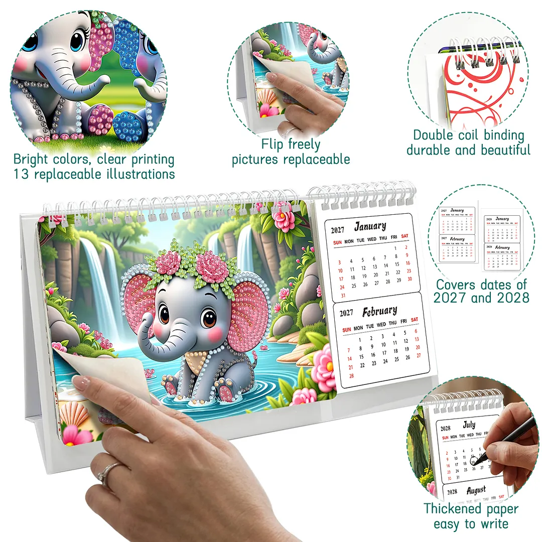 Elephant Diamond Art Monthly Flip Tabletop Calendar January 2027 - December 2028 Small Desktop Calendar Planner 24 Months for Living Room Bedroom Office Desk Gift Giving