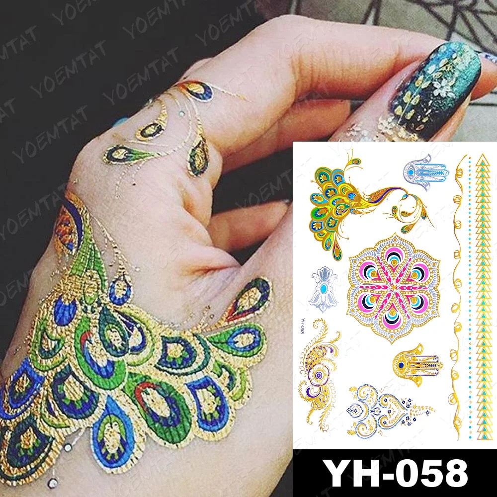 Waterproof Temporary Tattoo Sticker Gold Silver Henna Indian Hand Painted Glitter Tattoos Women Mandala Flower Feather Body Art