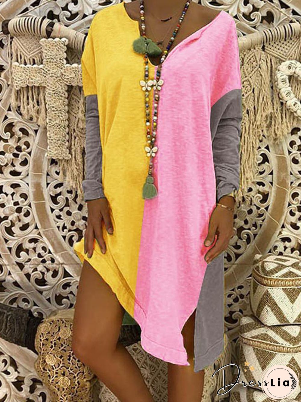 Slit Casual Shift Long Sleeve Knitting Dress