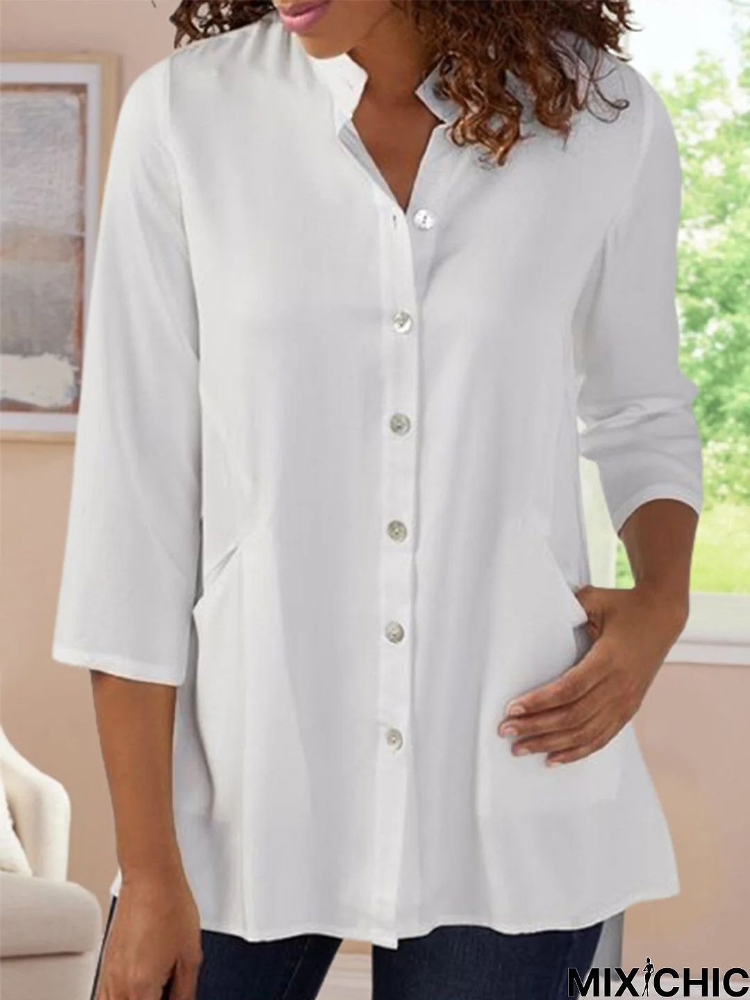 Plain Casual Buckle Tunic Blouse