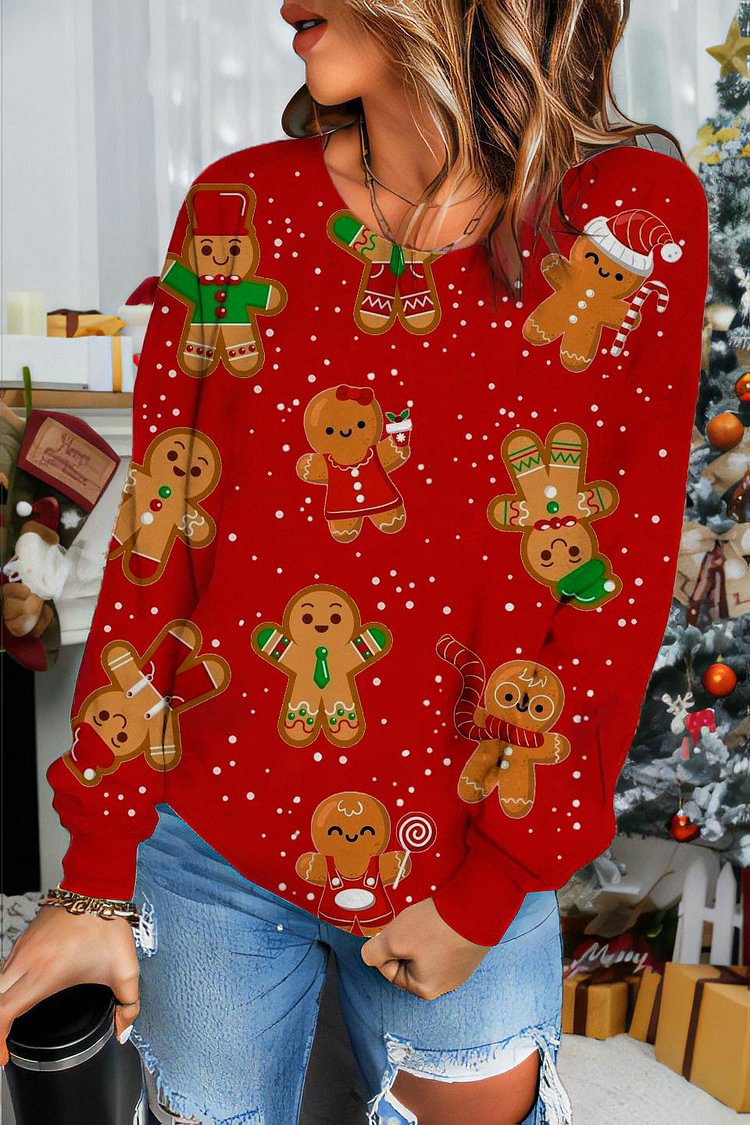 Women's Christmas Gingerbread Man Printed Round Neck Sweatshirt