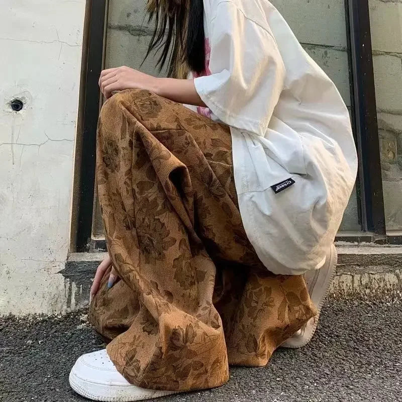 Aiertu Y2k Cargo Corduroy Pants Fashion Vintage Print High Waist Trousers 2000s Joggers Women Streetwear Baggy Sweatpants Aiertu
