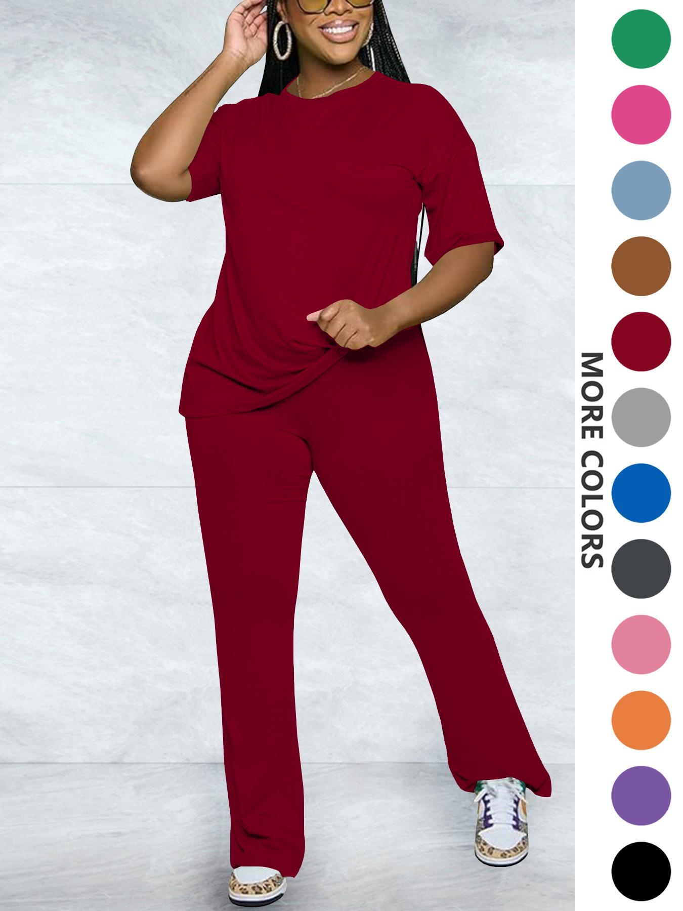 Women's Solid Round Neck Drop Shoulder Fitted Tee & Pants Two-piece Set, Casual Basic Fashion Cozy Half Sleeve T-shirt & Trousers for Daily Outdoor Wear, Women's Clothing for Fall, Casual Loungewear Set Women's Solid Round Neck Drop Shoulder Fitted Tee & Pants Two-piece Set, Casual Basic Fashion Cozy Half Sleeve T-shirt & Trousers for Daily Outdoor Wear, Women's Clothing for Fall, Casual Loungewear Set