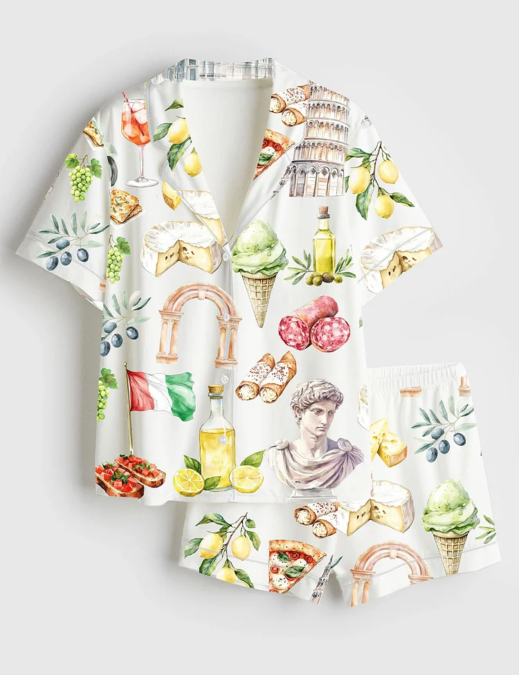 Women&rsquo;s Watercolor Italy Mediterranean Summer Amalfi Coast Rome Italian Food Olives Lemons Pizza Pasta Print Short Sleeve Satin Pajama Set
