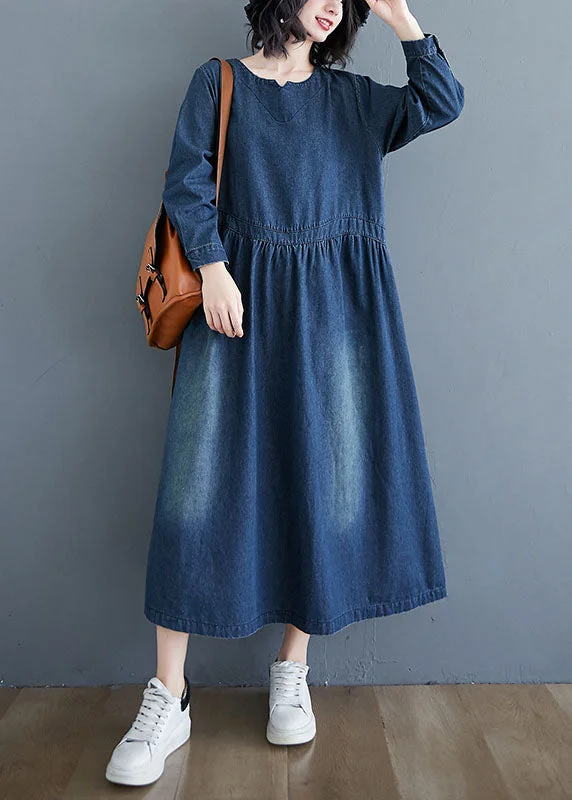Women Blue V-Neck Pockets Wrinkled Patchwork Denim Dress Fall