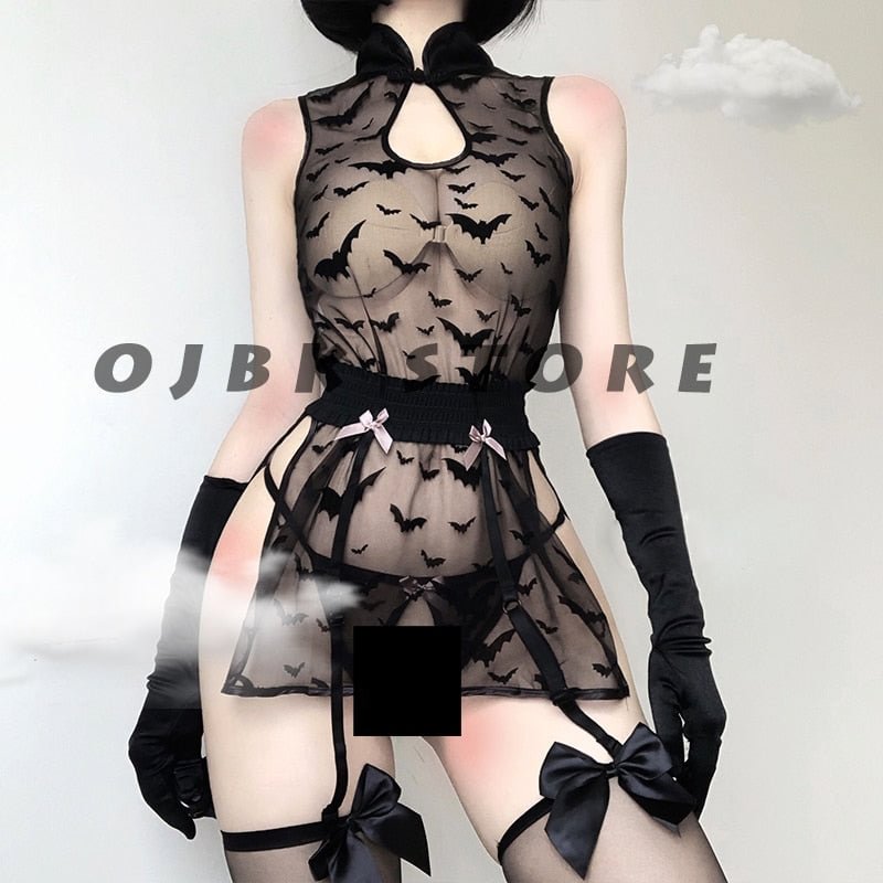 Womens Lingerie Gothic See Through Cosplay Costumes Bat Pattern Anime Sleepwear Sexy Outfit Erotic Night Wear Lace Pajamas New