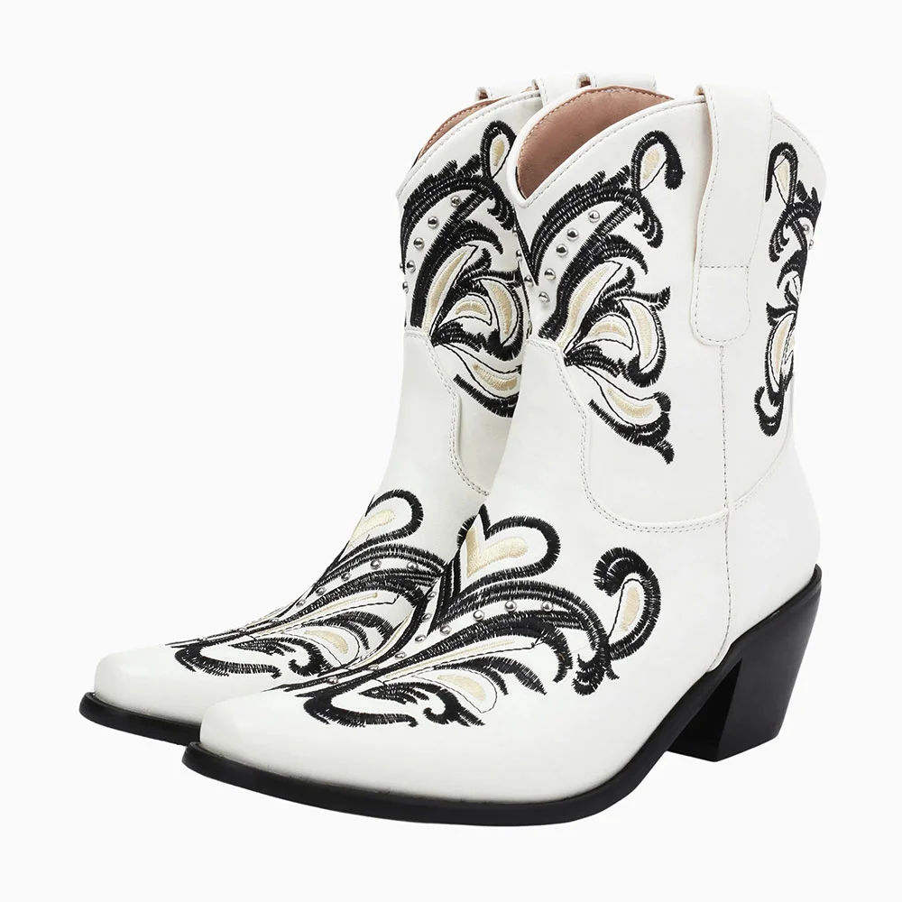 White Mid Chunky Heel Studded Embroidered Cowboy Boots for Women