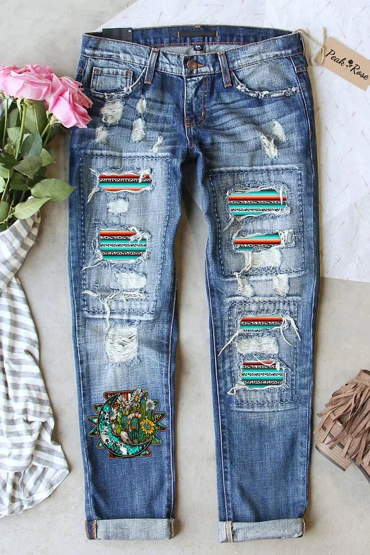 Aztec Moon Gemstone Western Print Ripped Jeans