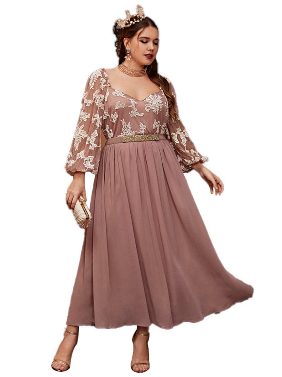 Women's Dresses Mesh Embroidery Lantern Sleeve Plus Size Swing Dress