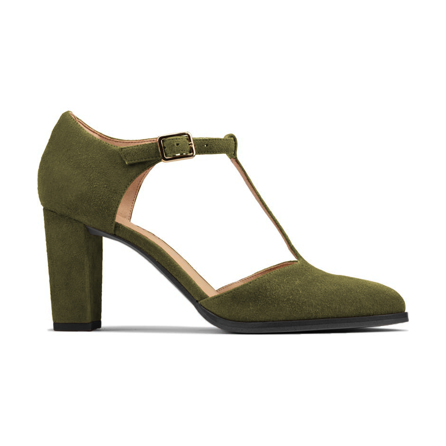 TAAFO Brown T-Strap Women's Pumps High Chunky Heels Almond Toe Ladies Dress Office Buckle Shoes 