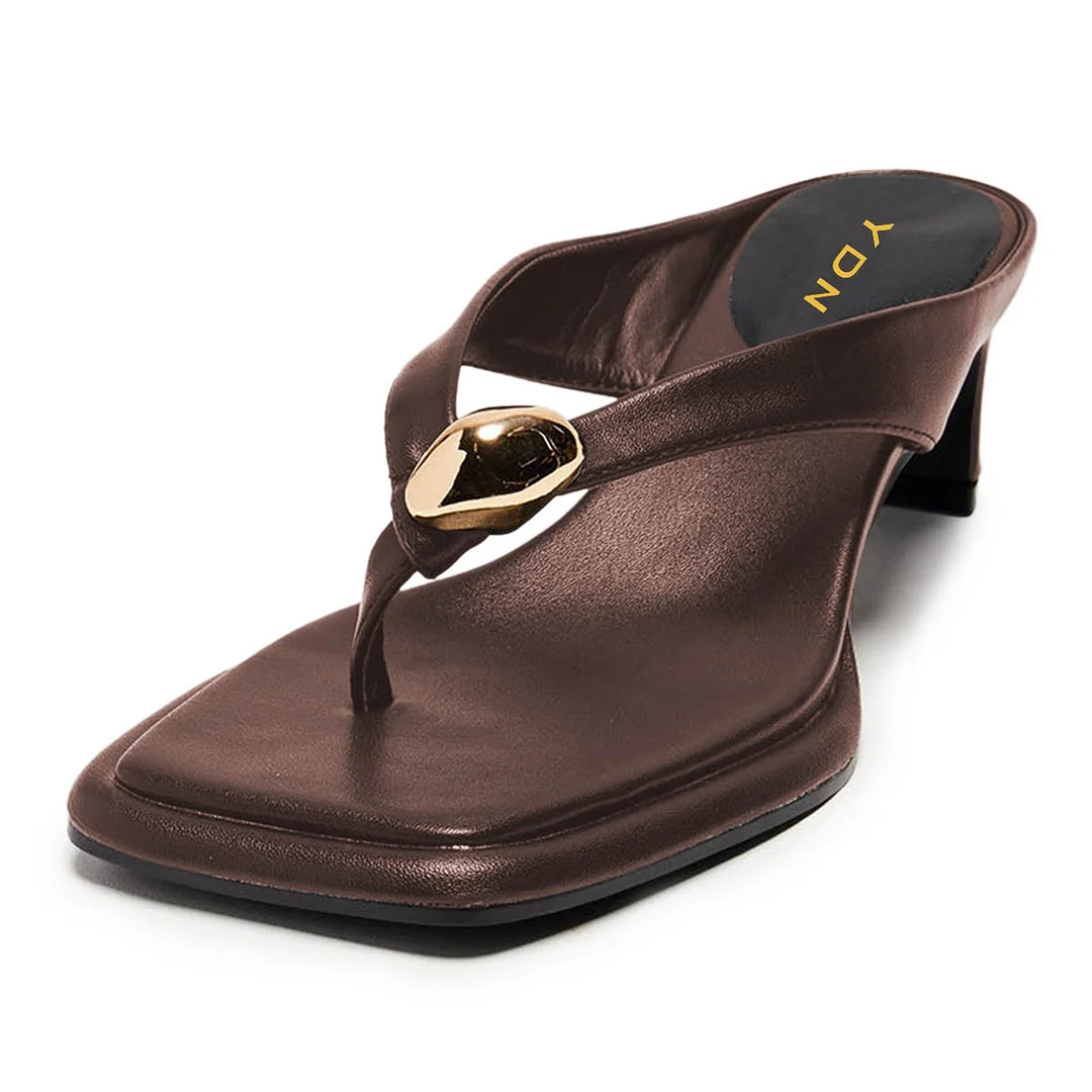 Brown Open-Toe Metal Accent Chunky Heel Flip Flops for Women