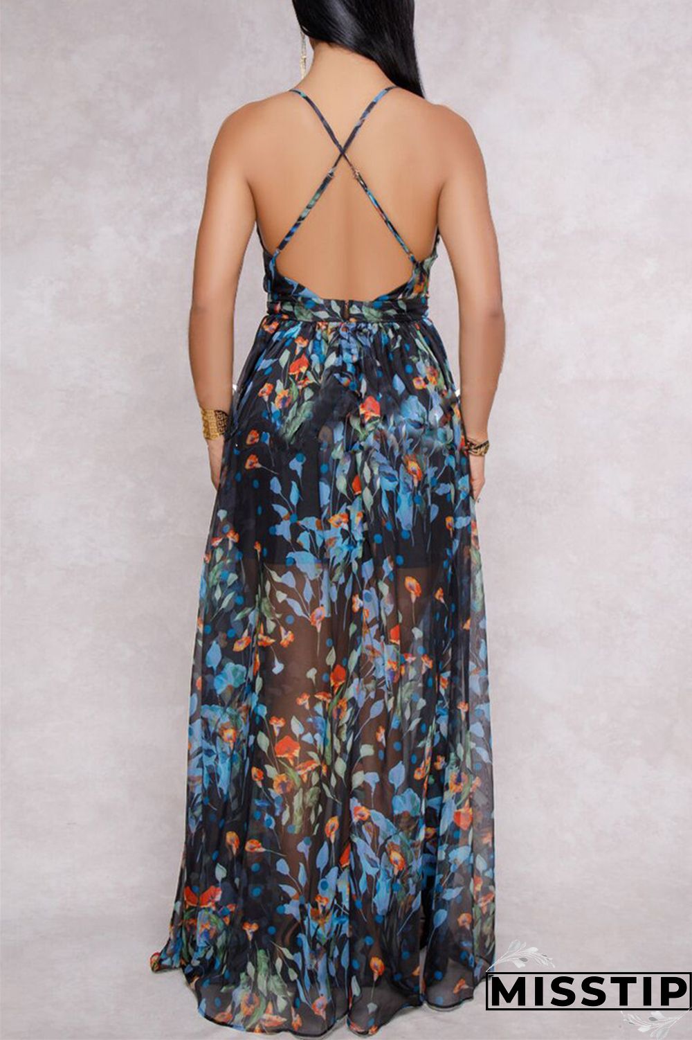 Pink Fashion Casual Print Backless V Neck Sling Dress