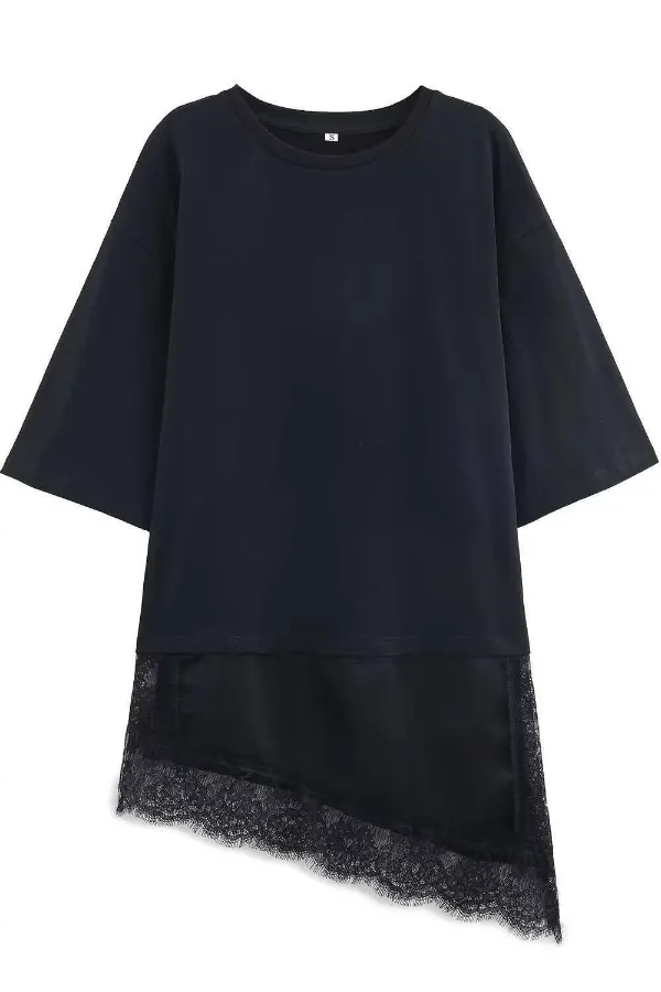 Stylish Round Neck Short-sleeved Patchwork Lace Hem Loose T-shirt