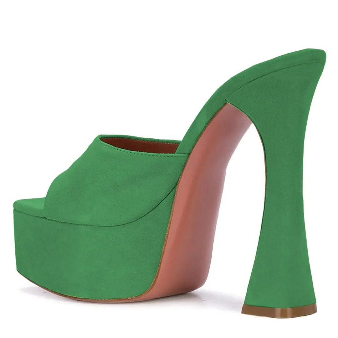 Green Flared High Heel Wide Strap Square Toe Platform Mules Sandals