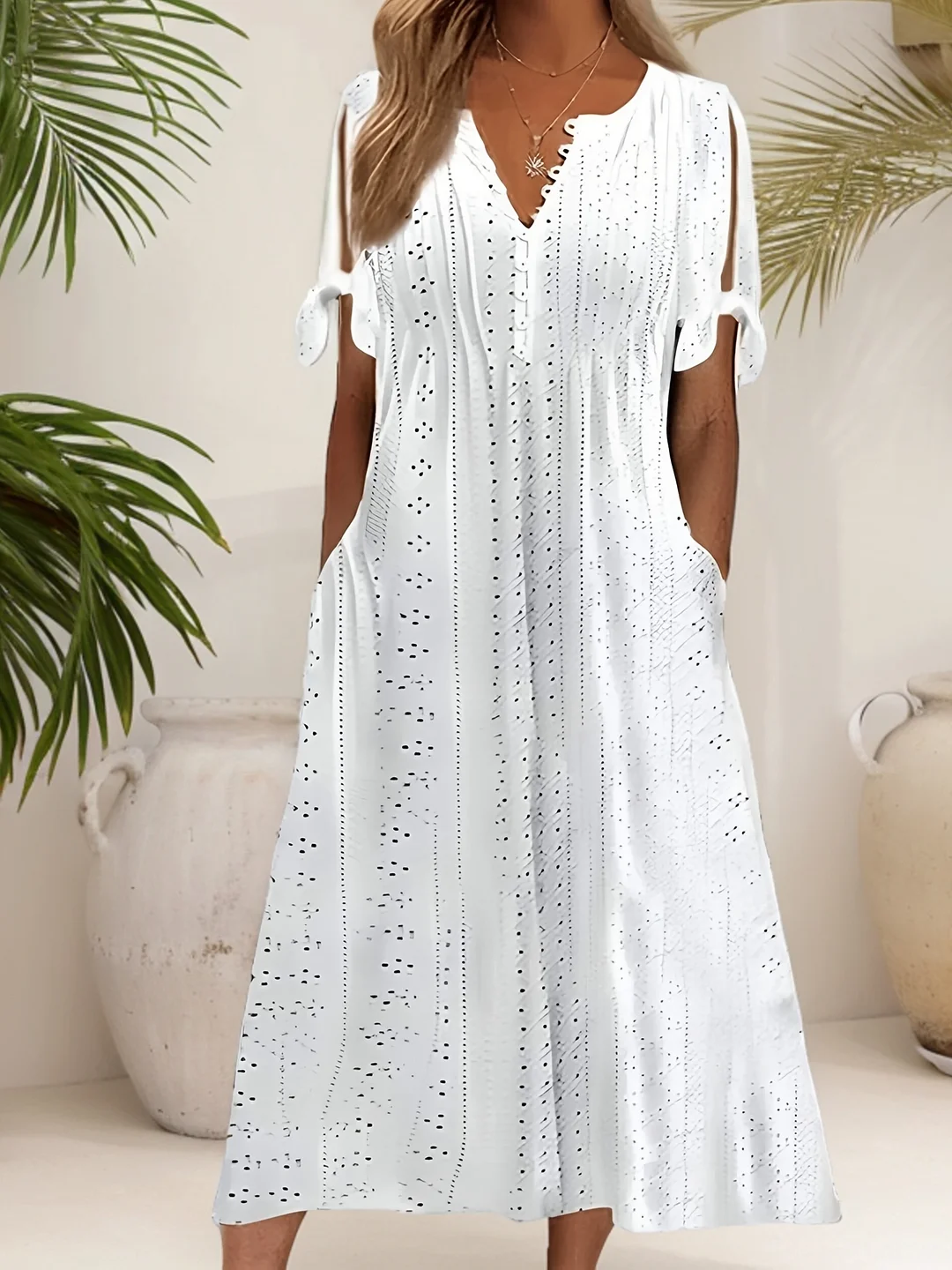 Women's Solid Summer Dress V Neck Button Short Sleeve Dress Tie Eyelet Embroidery Flowy Maxi Dress Pocket | IFYHOME
