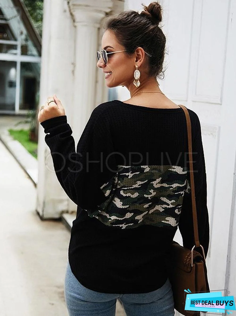 Camouflage Stitching V-Neck Knit Sweater