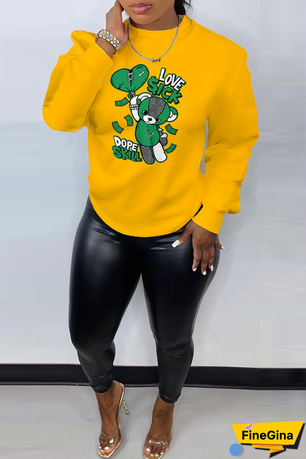 Black Daily Cute Print Patchwork O Neck Tops