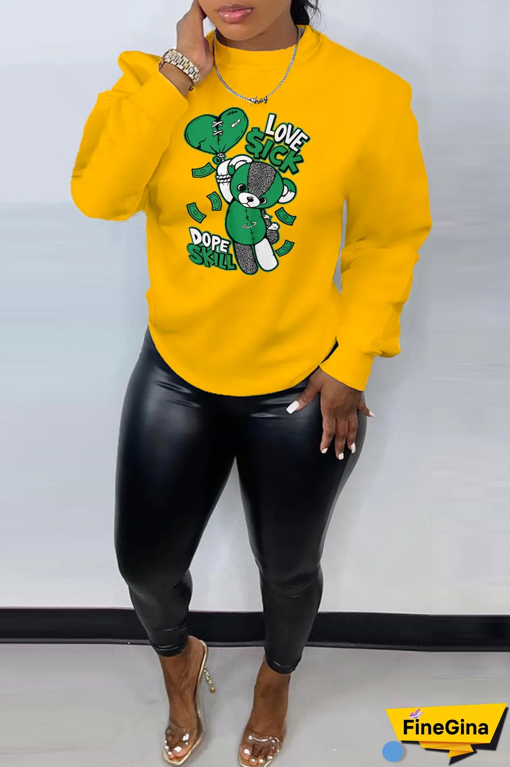 Black Daily Cute Print Patchwork O Neck Tops