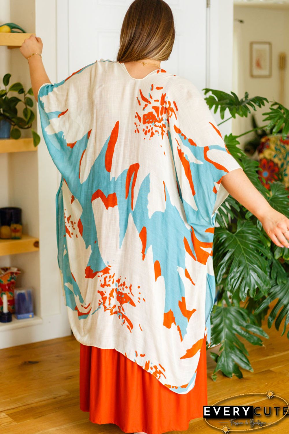 Sky Blue Plus Size Abstract Print Sweeping Kimono