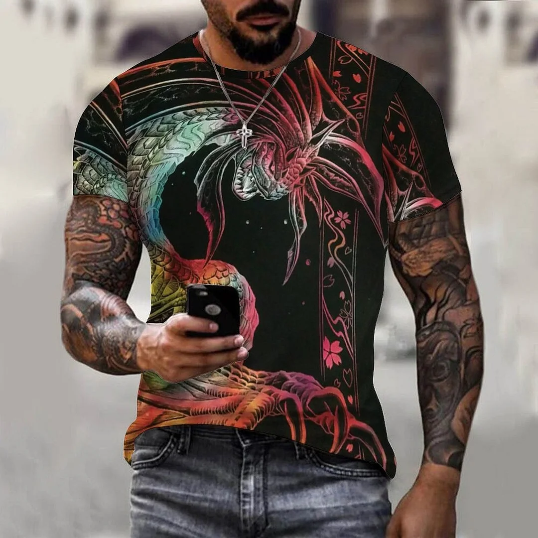 Aonga Halloween 3D T SHIRT Viking Tattoo Dragon Super Hot Large Men's T Shirt Short Sleeve Polyester Casual Hip Hop Top Summer Free