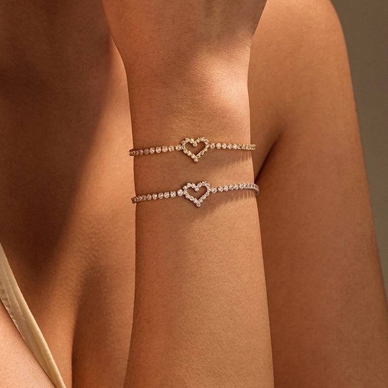 IG Style Shiny Heart 304 Stainless Steel 18K Gold Plated Zircon Tennis Chain Bracelets In Bulk