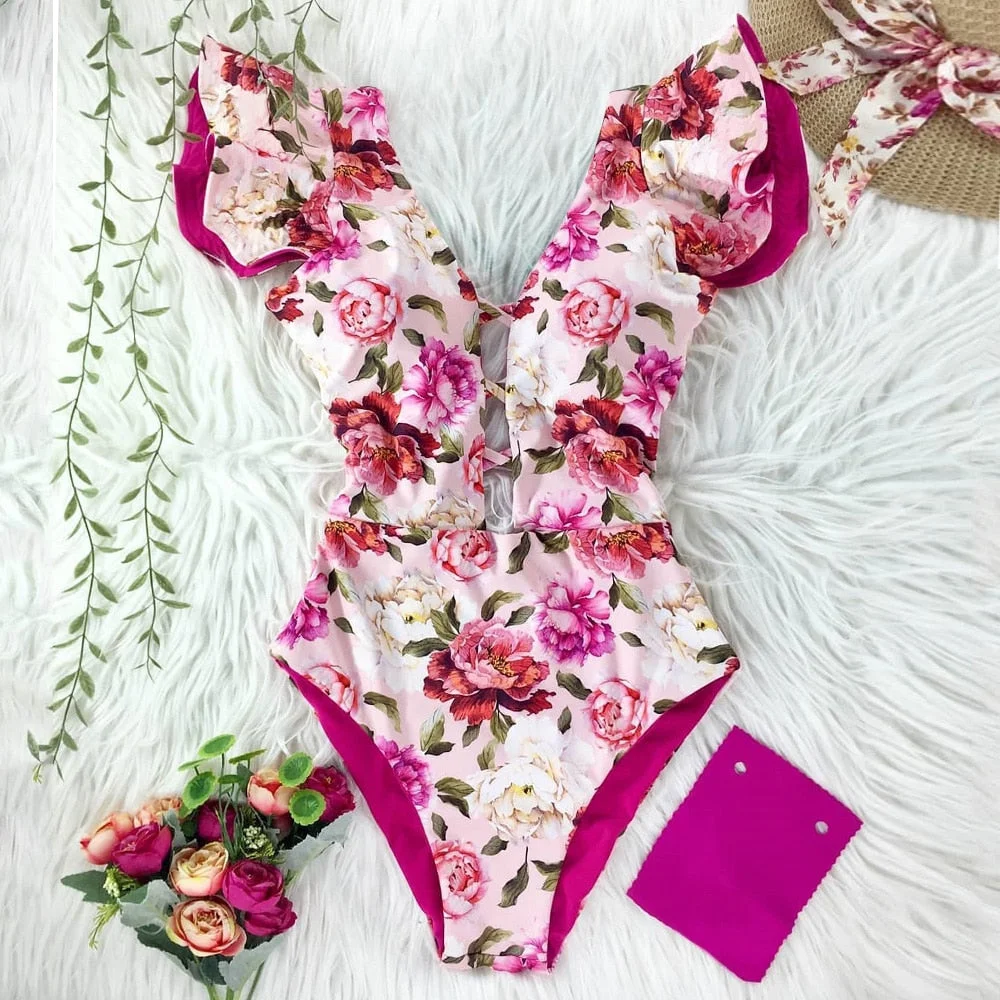 2022 New Sexy Ruffle Print Floral One Piece Swimsuit Off The Shoulder Swimwear Women Solid Deep-V Beachwear Bathing Suit Monkini