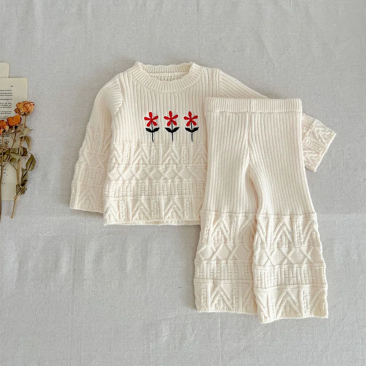 Baby Girl Flower Embroidered Apricot 2 Pieces Set
