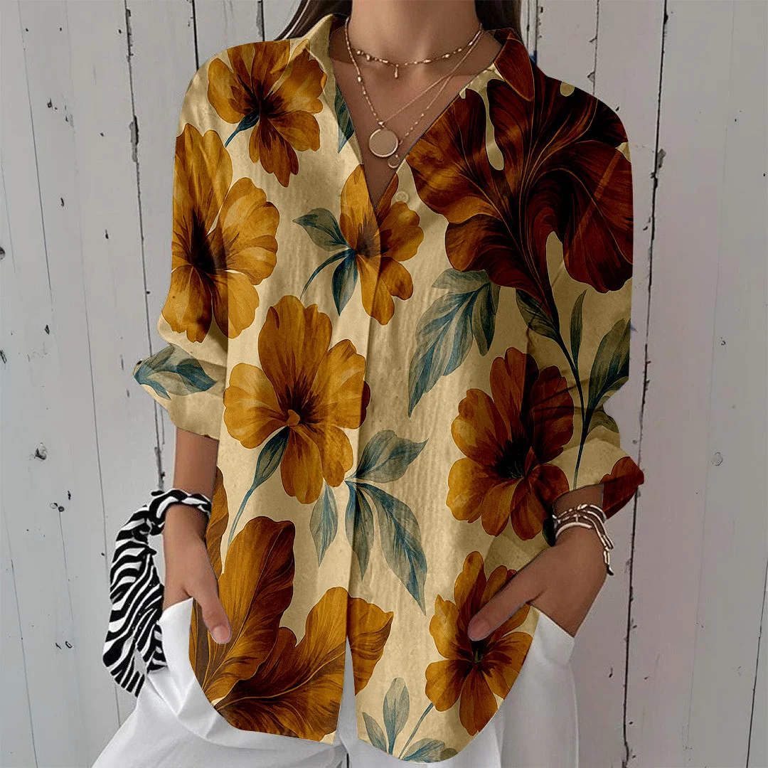 Style & Comfort for Mature Women Women Floral, Yellow, Blue DZCL0214 3/4 Sleeve Shirt Collar Printed Button Tops