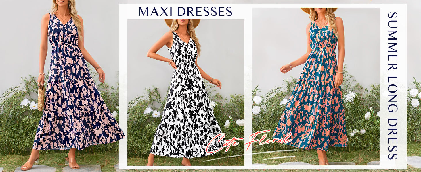 Womens V Neck Summer Sleeveless Tiered Maxi Dress Beach Long Dresses Casual Sundress Party Club