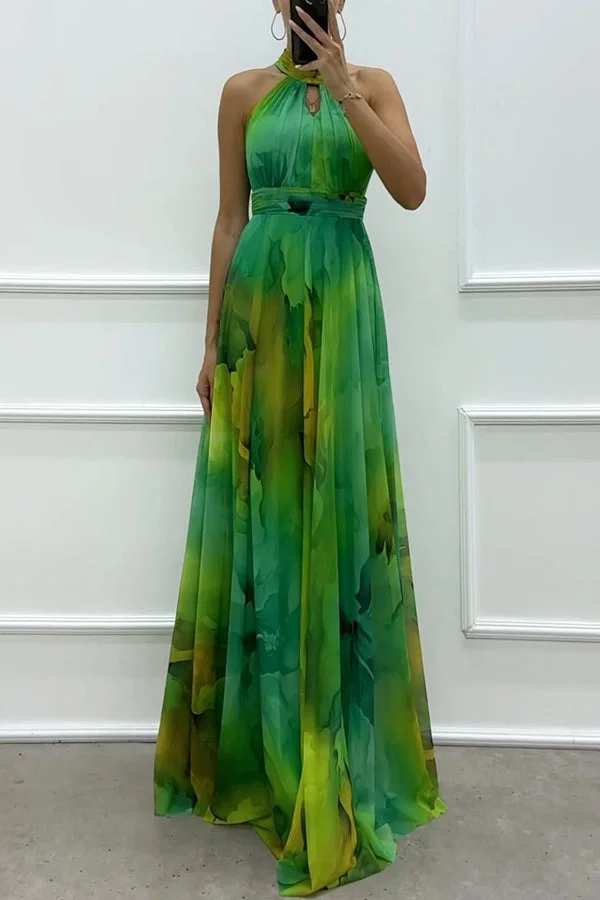 Pink Tulle Floral Splash Print Cutout Halter Tie-up Neck Gown Maxi Dress