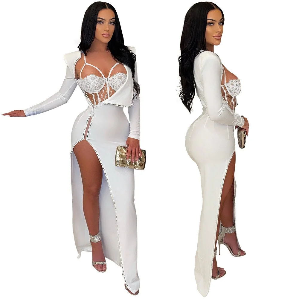 CM.YAYA Women Diamonds Hot Drill Side High Side Split Midi Maxi Dress and Lace Sleeveless Bodysuit Matching Set 2 Piece Outfit