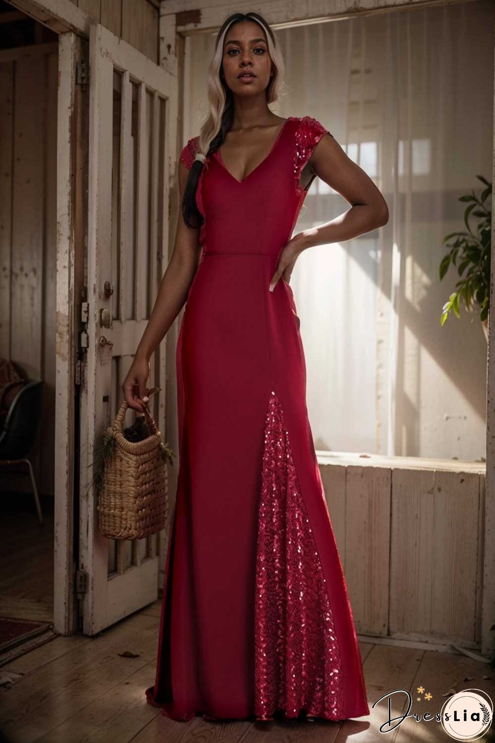 elegant sleeveless deep v neck fishtail evening gown