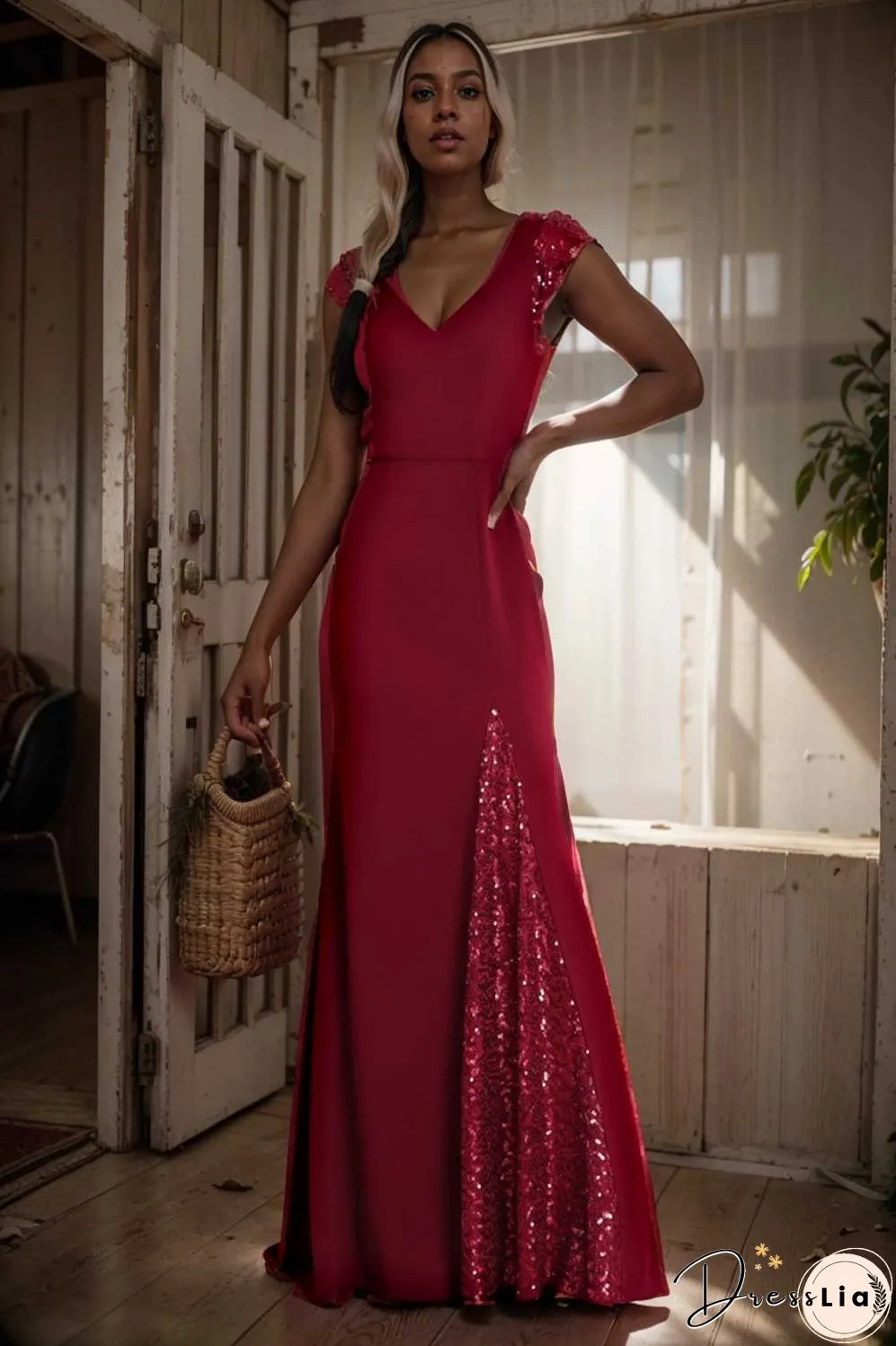 elegant sleeveless deep v neck fishtail evening gown