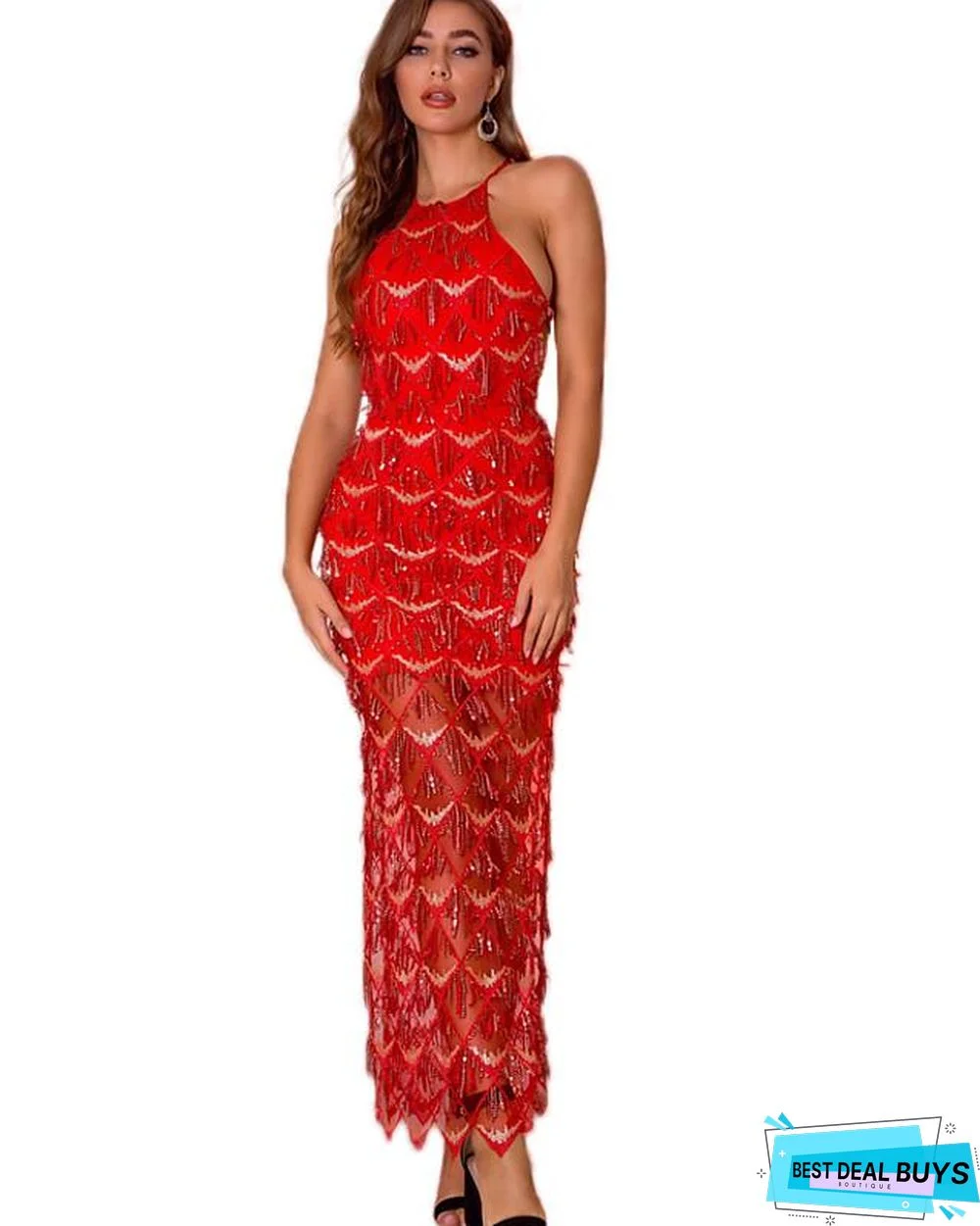 Women's A Line Dress Maxi Long Dress Black Blue Red Blushing Pink Sleeveless Solid Color Backless Sequins Summer Round Neck Elegant Sexy