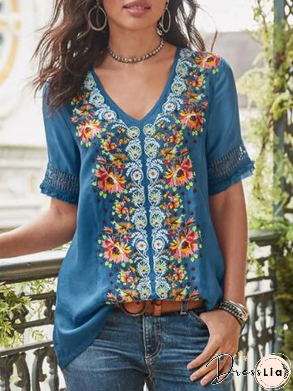 Short Sleeve Cotton-Blend Patchwork V Neck Shirts & Tops