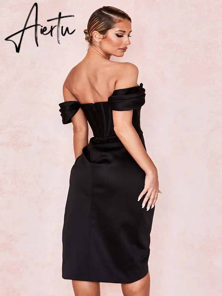 Summer Solid Color Dress Diagonal Shoulder Suspenders Sexy Red Dress Slit Fishbone One Word Collar Women'S Clothing Dresses Aiertu