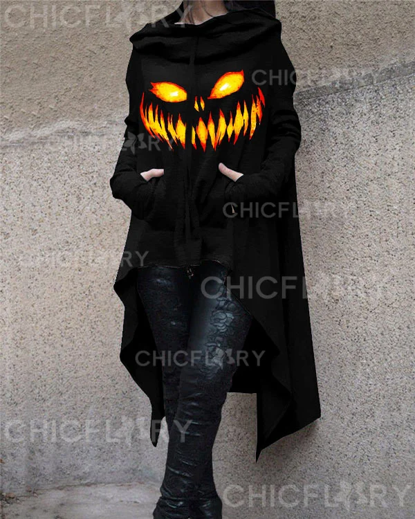 Women's Halloween Scary Pumpkin Print Hooded Long Sleeve Sweatshirt