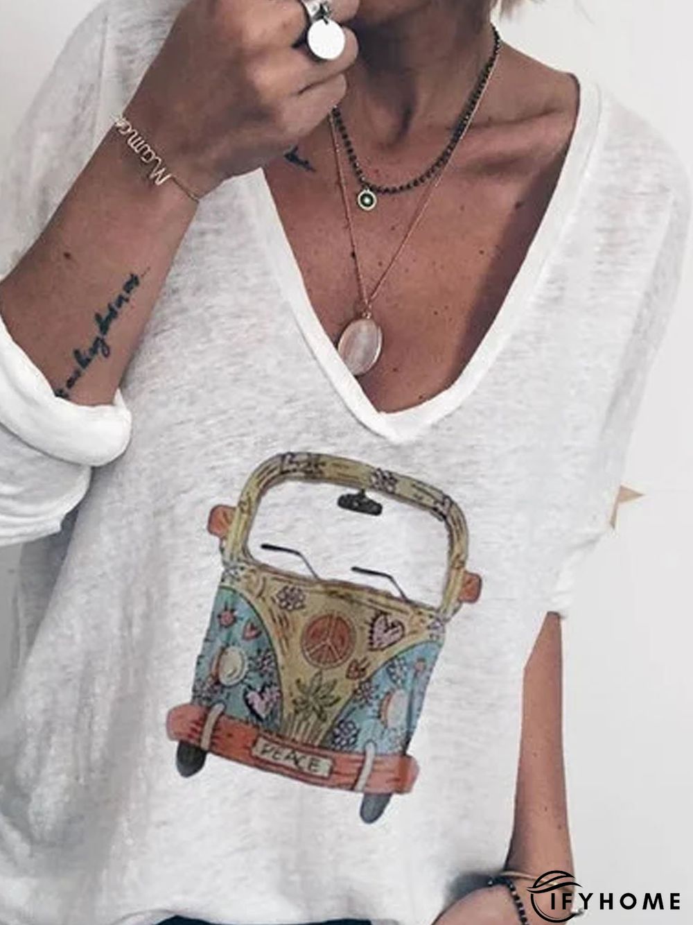 White Long Sleeve Printed T-shirt | IFYHOME