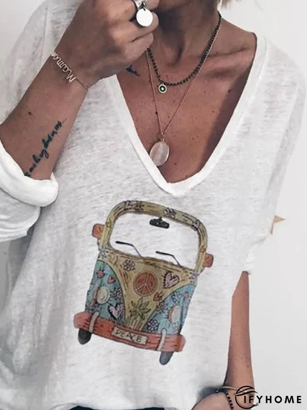 White Long Sleeve Printed T-shirt | IFYHOME