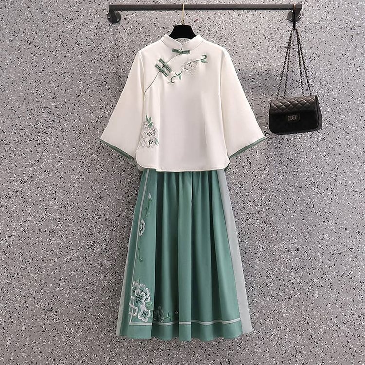 Blossom Embroidery Print Vintage Top Skirt Set - Modakawa
