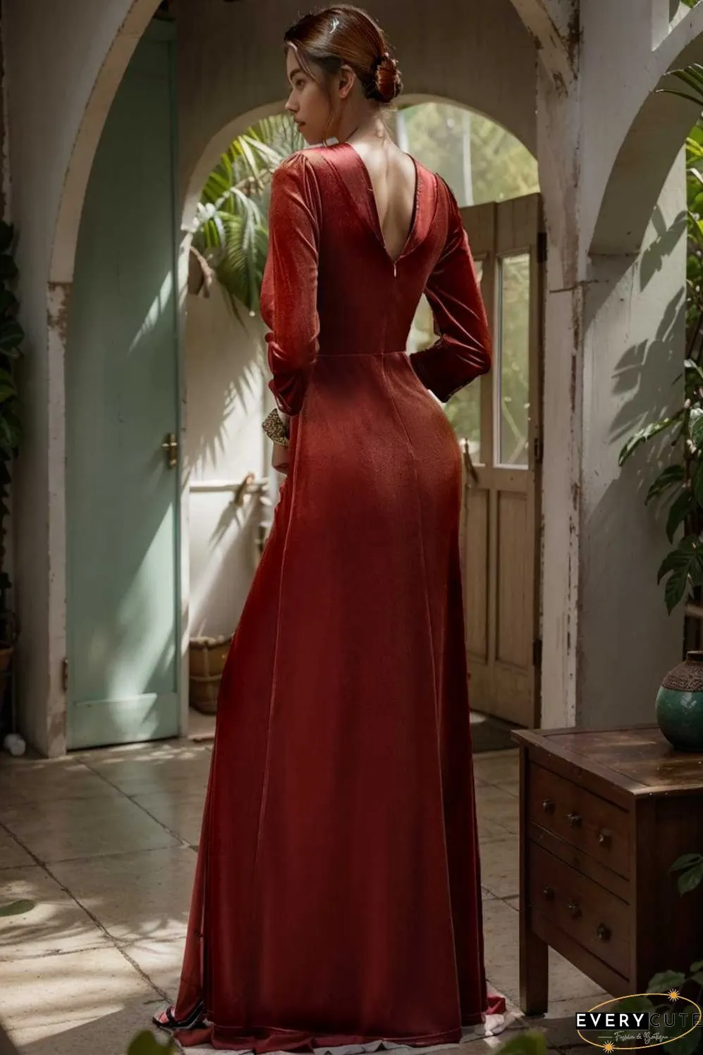 velvet 3 4 length sleeve illusion v neck front slit evening dress