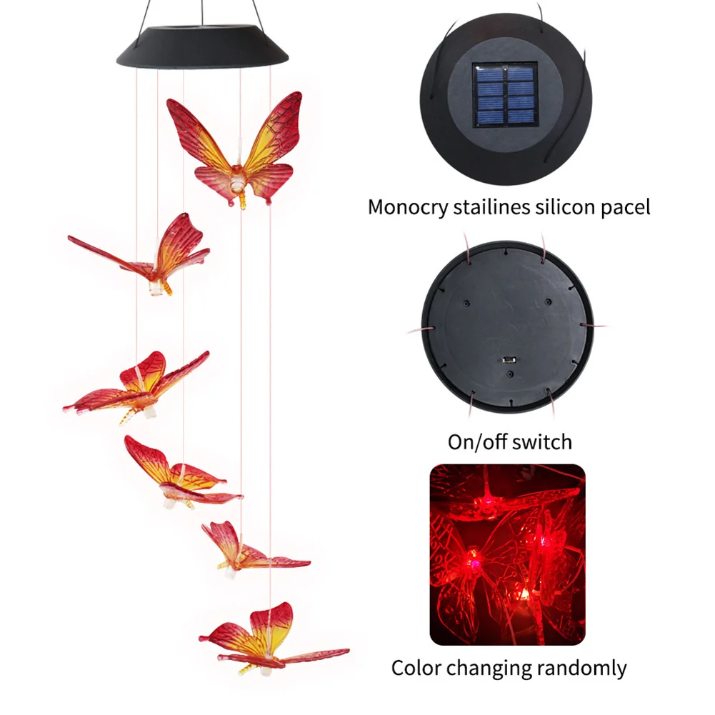 LED Solar Wind Chime Butterfly Light Color Changing IP65 Hanging Lamp (A)