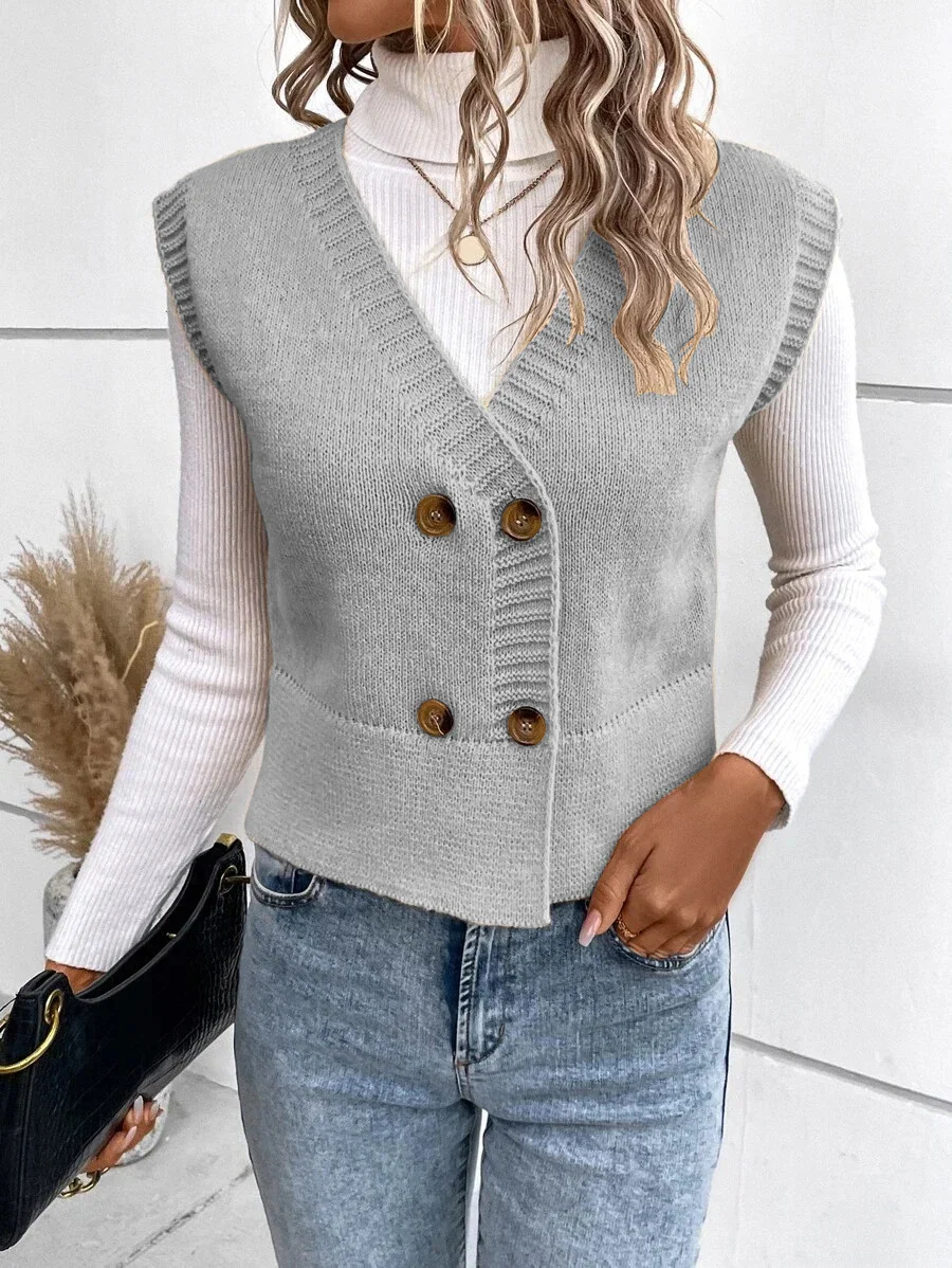 Wongn Wongn Knit Vest V-Neck Button Casual Sweater Double Breasted Women's Cardigan