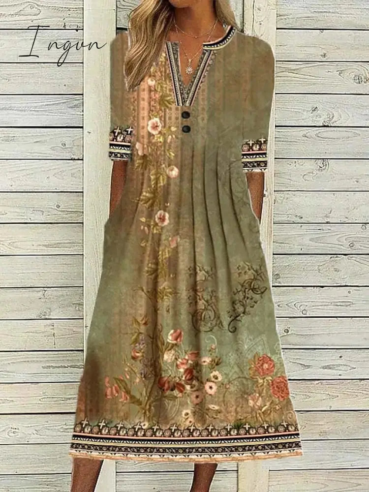 Ingvn - Women’s Casual Dress Shift Midi Navy Blue Orange Half Sleeve Floral Ruched Summer Spring