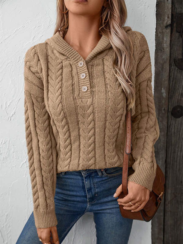 Image of Split-Joint Solid Color Buttoned Loose Long Sleeves Sweater Tops