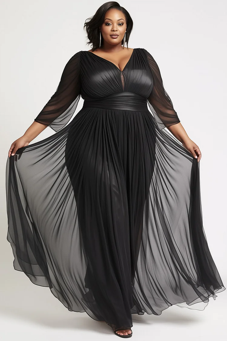 Xpluswear Design Plus Size Formal Black V Neck 3/4 Sleeve See Through Ruffled Tulle Maxi Dresses [Pre-Order]